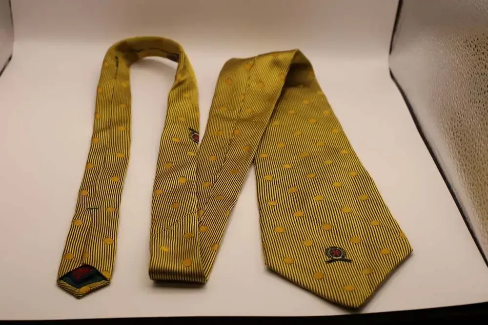 Vintage Tommy Hilfiger Gold Striped Silk Tie with Polka Dots and Crest Logo